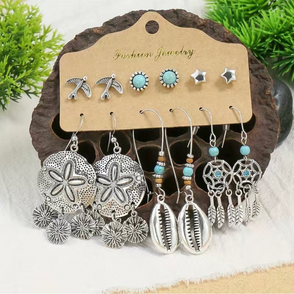 ⭐️Turquoise Decor Silvery Dangle Earrings Set Bohemian Style Zinc Alloy & studs
